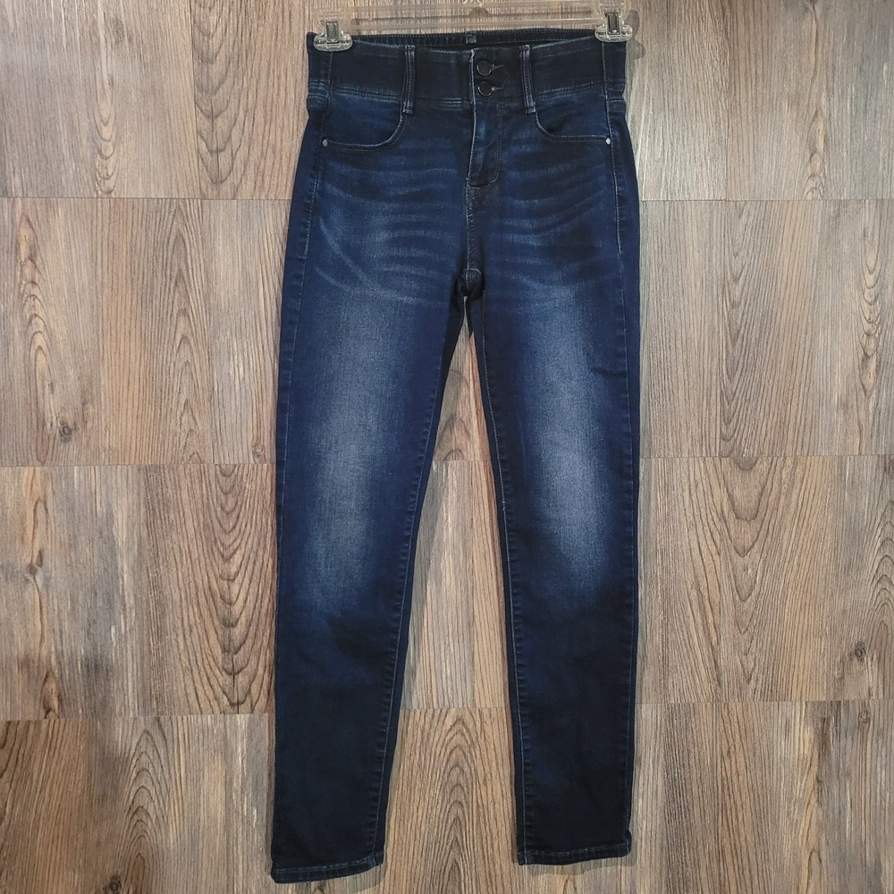 APT 9 Tummy Control Straight Jeans Size 4S x 28 Mid Rise Dark Wash Elastic Waist